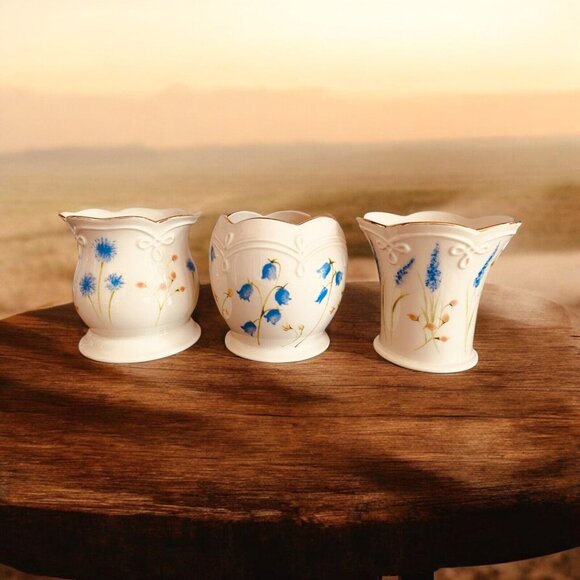 Lenox Set Of 3 Votive or Vase Excellent Blue Yellow Pansies - Picture 1 of 8